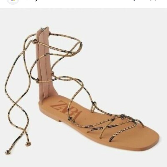 ZARA Snakeskin Print Lace up Gladiator Flat Sandals - Picture 5 of 14